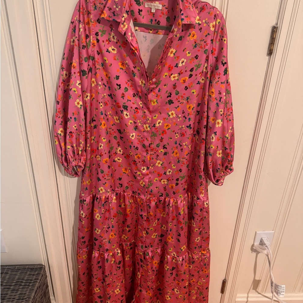 ANN MASHBURN Pink Floral Long-Sleeve Tiered Button Dress